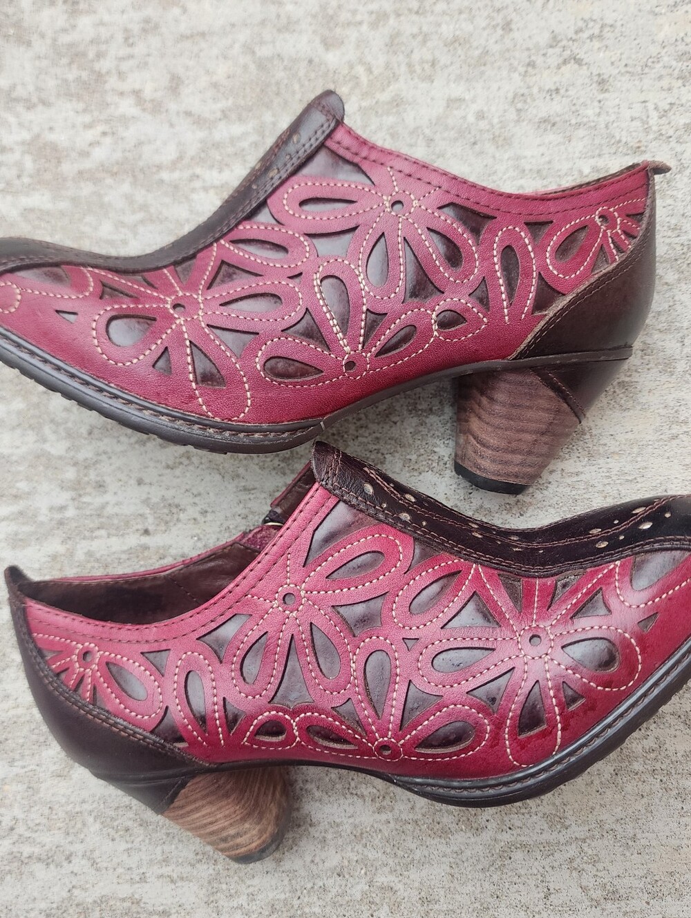 Spring Step By L'Artiste Burgendy Brown Leather Floral Arabella Low Boots, Sz 39